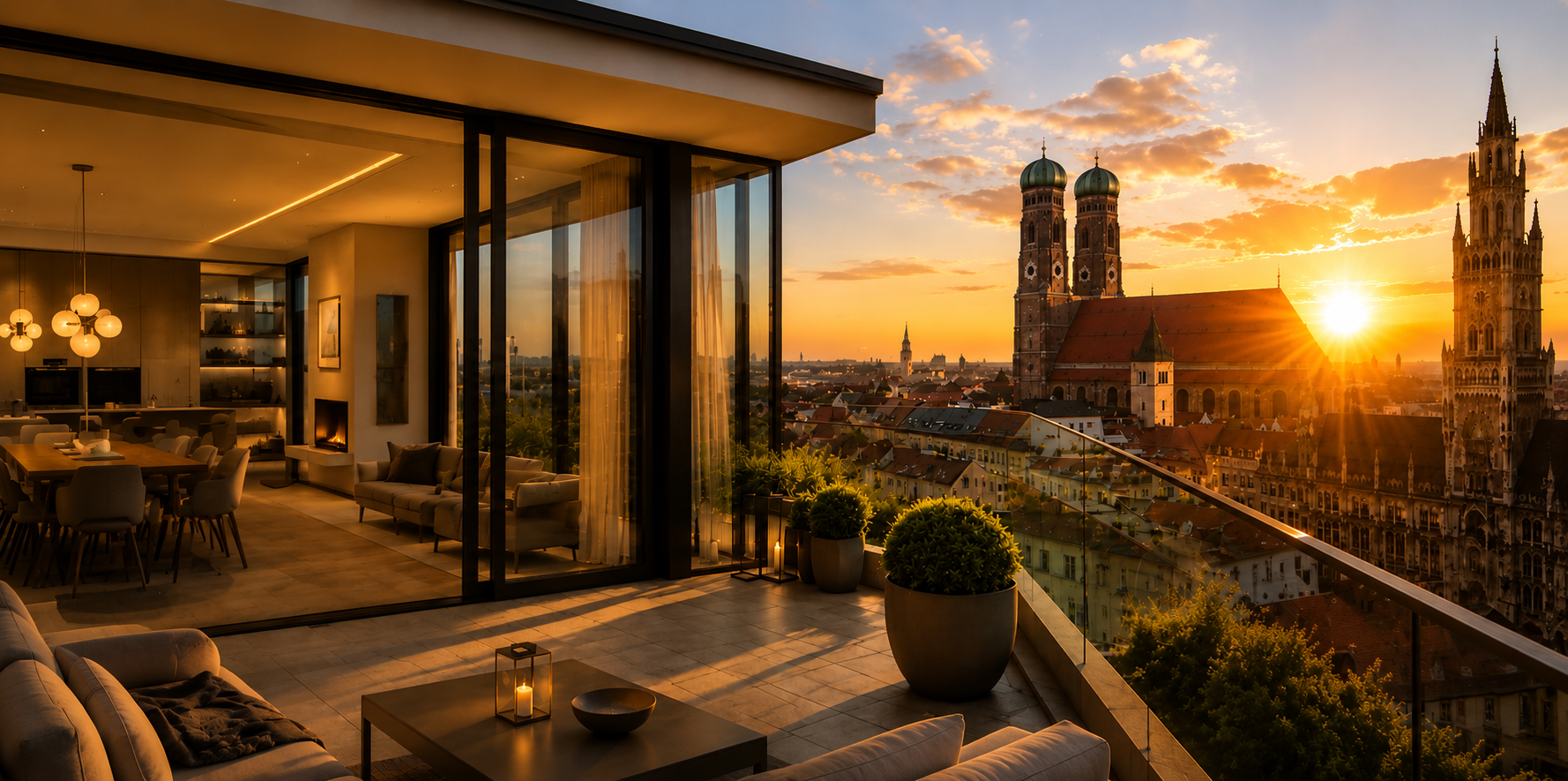 Penthouse-Dachterrasse mit Blick auf die Münchner Frauenkirche und das Rathaus – RANOVUM Immobilienboutique München